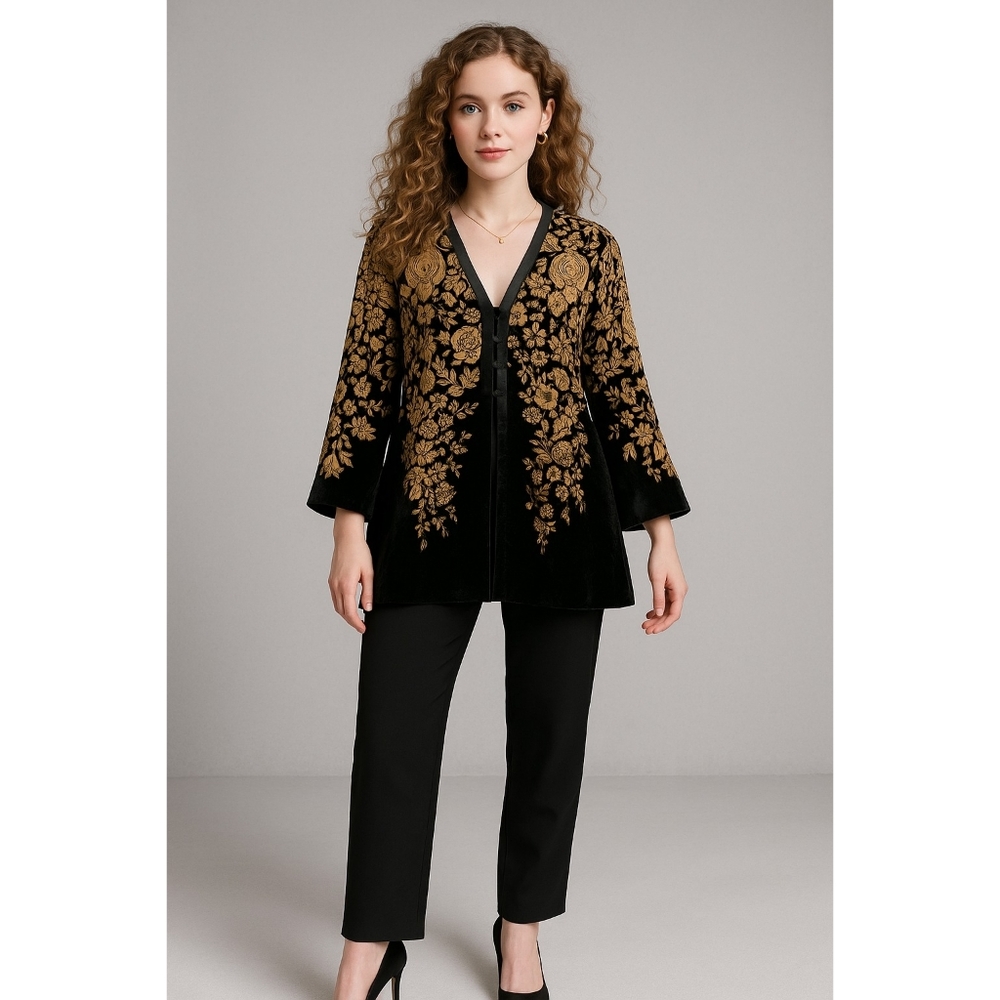 Coldwater Creek Floral Velvet & Silk Kimono Cardigan PM EUC